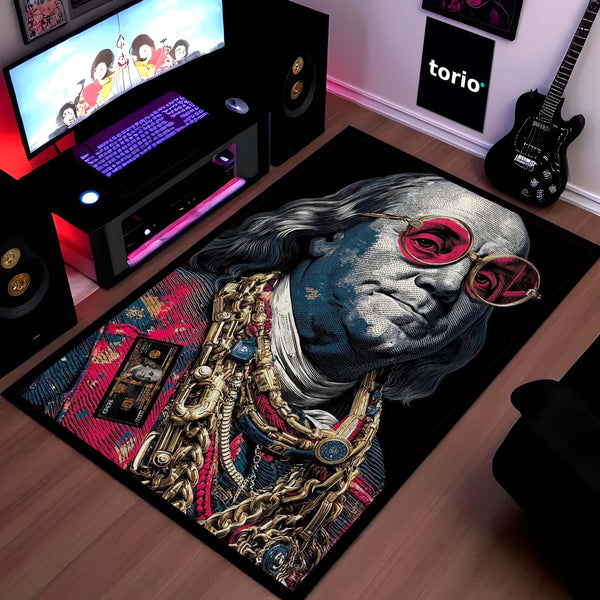 Benjamin Franklin Area Rug | Money Aesthetic Floor Mat Carpet | Dollar Theme Luxury Rug | Hip Hop Style Rich Vibe Rug for Bedroom, Gaming Room & Modern Home Decor