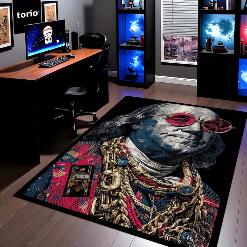Benjamin Franklin Area Rug | Money Aesthetic Floor Mat Carpet | Dollar Theme Luxury Rug | Hip Hop Style Rich Vibe Rug for Bedroom, Gaming Room & Modern Home Decor