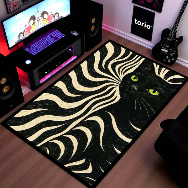 Minimalist Black Cat Area Rug | Sleek Silhouette Floor Mat | Modern Aesthetic Rug for Living Room, Gaming Setup & Bedroom Decor