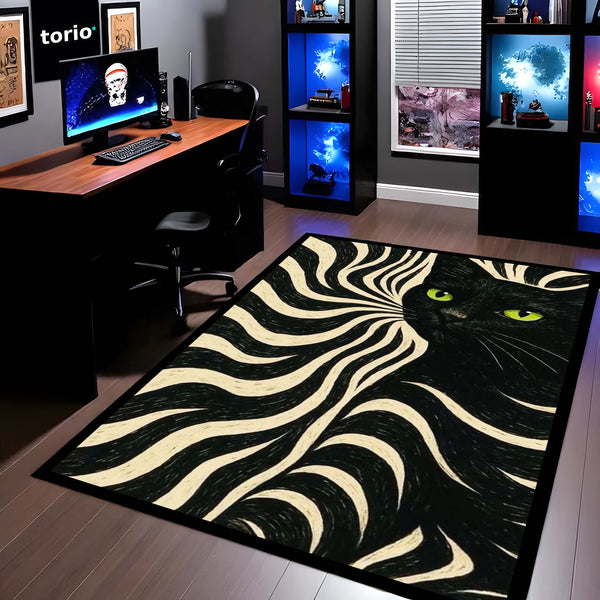 Minimalist Black Cat Area Rug | Sleek Silhouette Floor Mat | Modern Aesthetic Rug for Living Room, Gaming Setup & Bedroom Decor