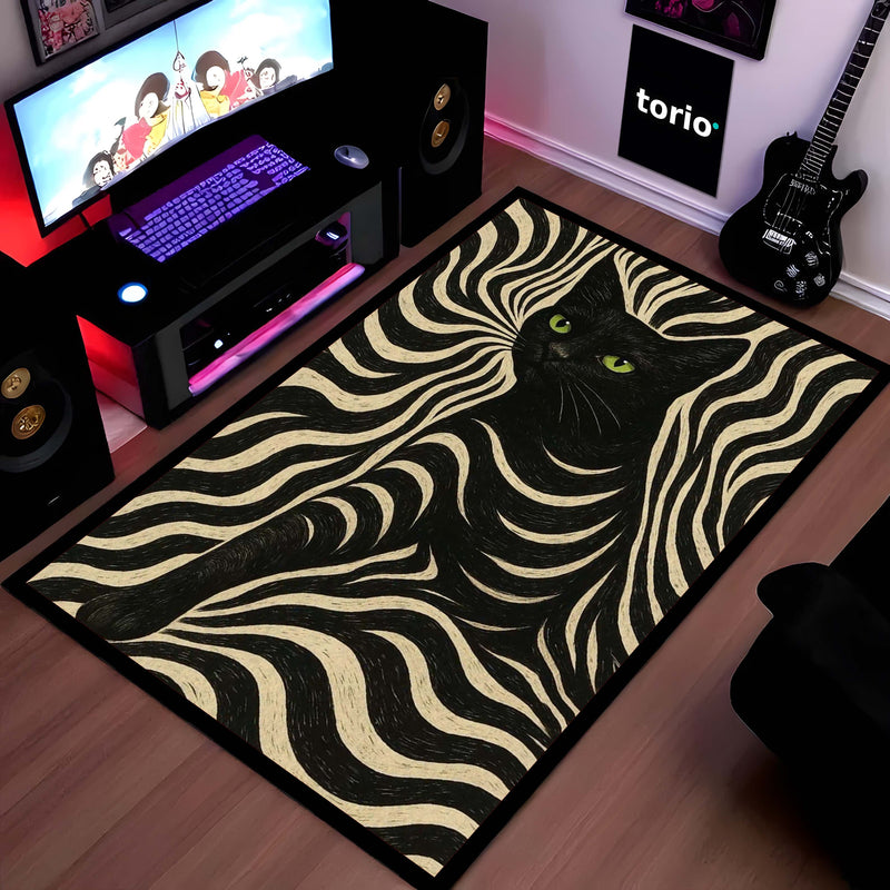 Black Cat Optical Illusion Area Rug | Trippy Wave Pattern Floor Mat Carpet | Aesthetic Psychedelic Cat Rug for Bedroom, Gaming Room & Modern Home Decor