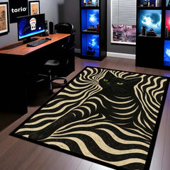 Black Cat Optical Illusion Area Rug | Trippy Wave Pattern Floor Mat Carpet | Aesthetic Psychedelic Cat Rug for Bedroom, Gaming Room & Modern Home Decor