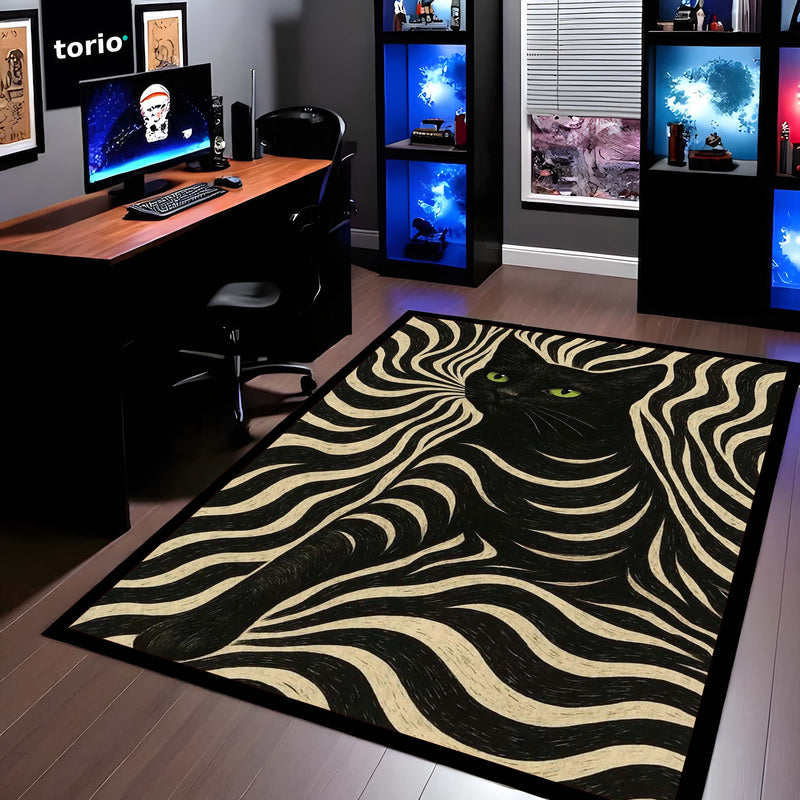 Black Cat Optical Illusion Area Rug | Trippy Wave Pattern Floor Mat Carpet | Aesthetic Psychedelic Cat Rug for Bedroom, Gaming Room & Modern Home Decor