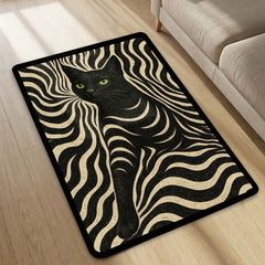 Black Cat Optical Illusion Area Rug | Trippy Wave Pattern Floor Mat Carpet | Aesthetic Psychedelic Cat Rug for Bedroom, Gaming Room & Modern Home Decor
