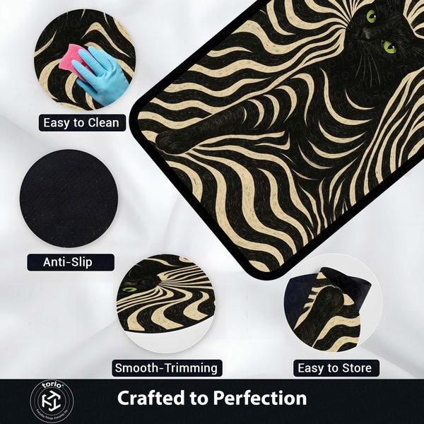 Black Cat Optical Illusion Area Rug | Trippy Wave Pattern Floor Mat Carpet | Aesthetic Psychedelic Cat Rug for Bedroom, Gaming Room & Modern Home Decor