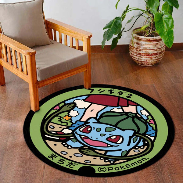 Cute Bulbasaur Pokémon Round Rug | Kawaii Anime Circle Floor Mat | Anti-Slip 3 mm Absorbent Rug for Bedroom, Gaming Room & Pokémon Decor