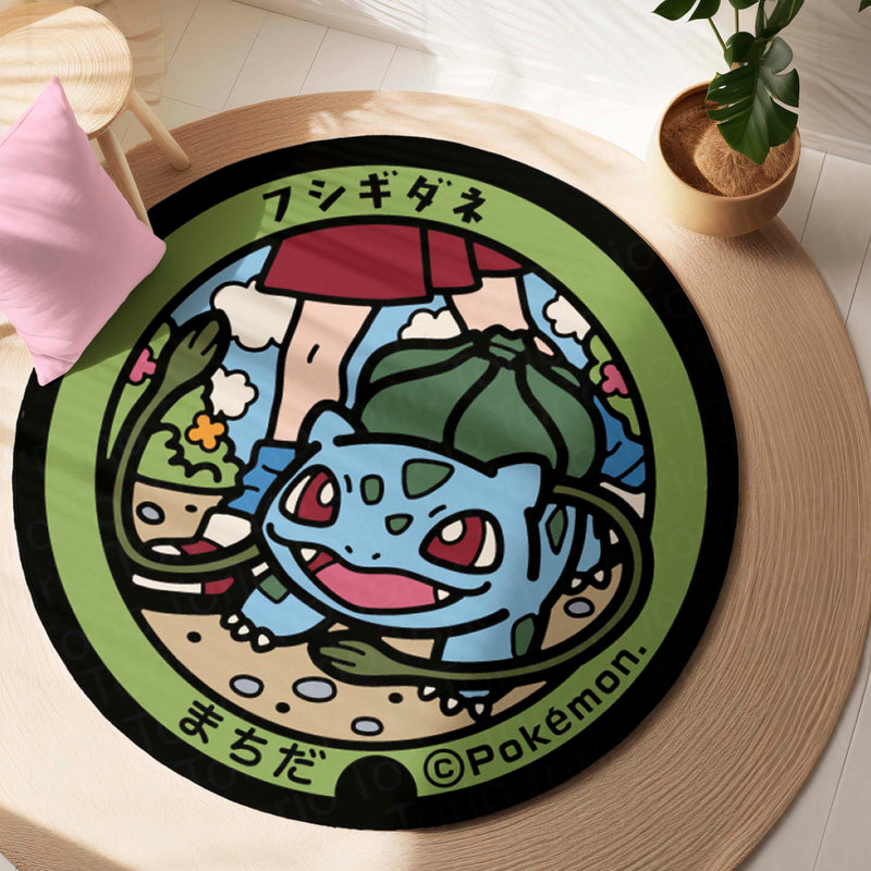 Cute Bulbasaur Pokémon Round Rug | Kawaii Anime Circle Floor Mat | Anti-Slip 3 mm Absorbent Rug for Bedroom, Gaming Room & Pokémon Decor