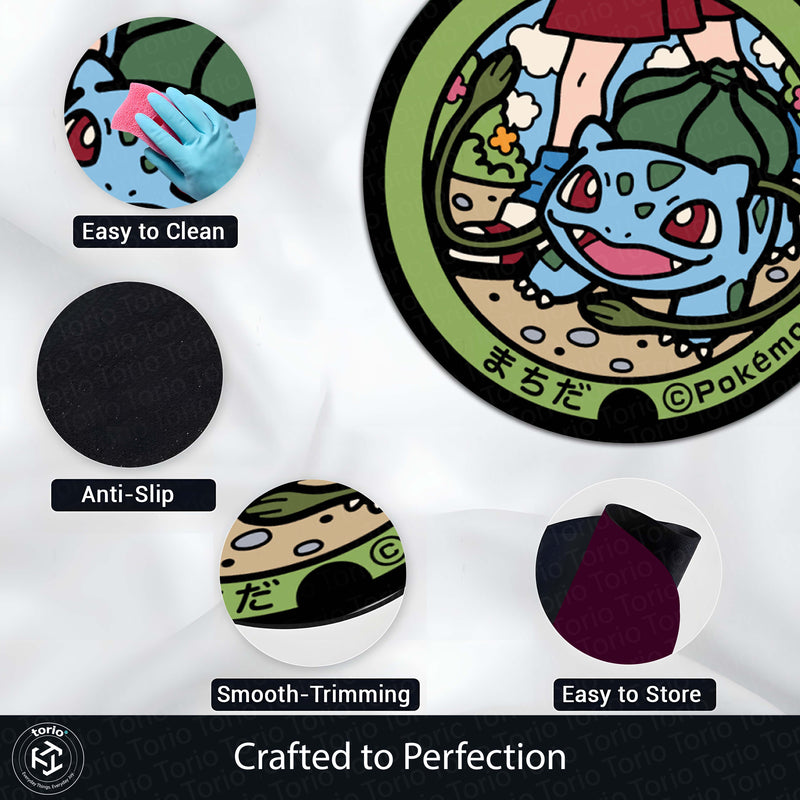 Cute Bulbasaur Pokémon Round Rug | Kawaii Anime Circle Floor Mat | Anti-Slip 3 mm Absorbent Rug for Bedroom, Gaming Room & Pokémon Decor