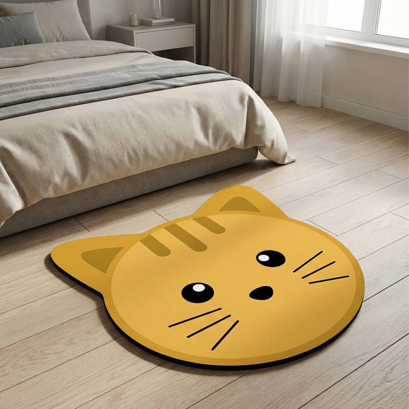 Cute Cat Face Floor Mat (3 mm Thick) | Minimal Cartoon Cat Shape Mat for Bedroom, Kids Room & Aesthetic Home Decor