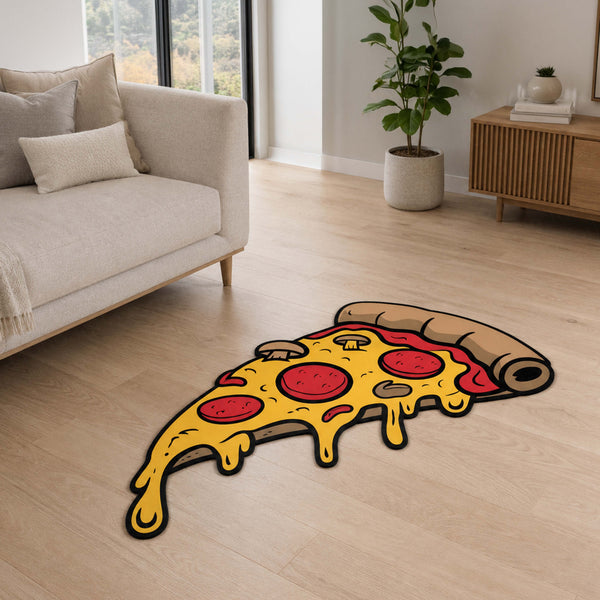 Melting Pepperoni Pizza Slice Cut-out Flat Rug | Cartoon Pizza Food-Themed Flat Rug | Fun Kitchen & Gaming Room Floor Decor