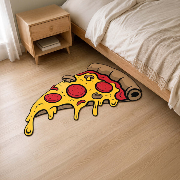 Melting Pepperoni Pizza Slice Cut-out Flat Rug | Cartoon Pizza Food-Themed Flat Rug | Fun Kitchen & Gaming Room Floor Decor