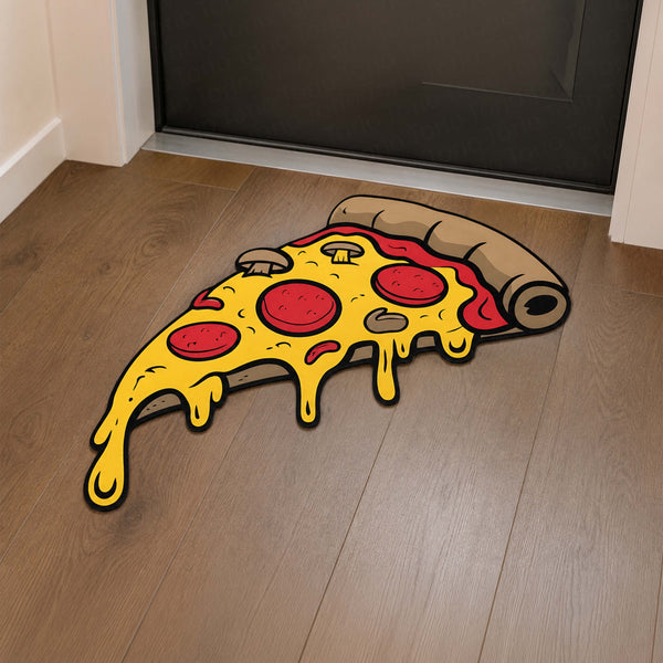 Melting Pepperoni Pizza Slice Cut-out Flat Rug | Cartoon Pizza Food-Themed Flat Rug | Fun Kitchen & Gaming Room Floor Decor