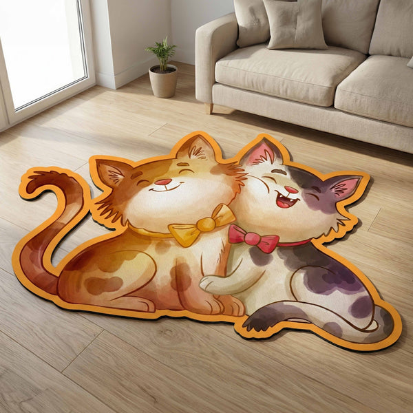 Cute Cat Couple Art Floor Mat (3 mm Thick) | Adorable Cat Shaped Rug for Living Room, Bedroom, Kids Room & Cozy Home Decor