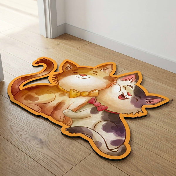 Cute Cat Couple Art Floor Mat (3 mm Thick) | Adorable Cat Shaped Rug for Living Room, Bedroom, Kids Room & Cozy Home Decor