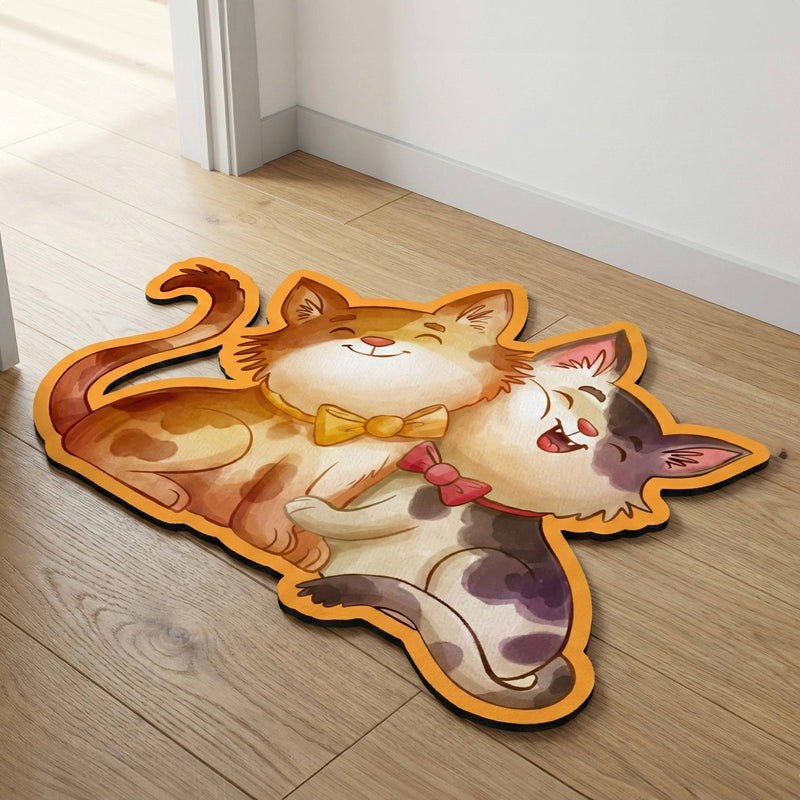 Cute Cat Couple Art Floor Mat (3 mm Thick) | Adorable Cat Shaped Rug for Living Room, Bedroom, Kids Room & Cozy Home Decor