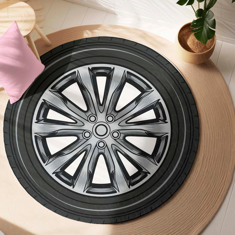 Car Tyre Inspired Round Floor Mat (3 mm Thick) | Alloy Wheel Design Automotive Decor Mat for Garage, Bedroom & Gaming Setup