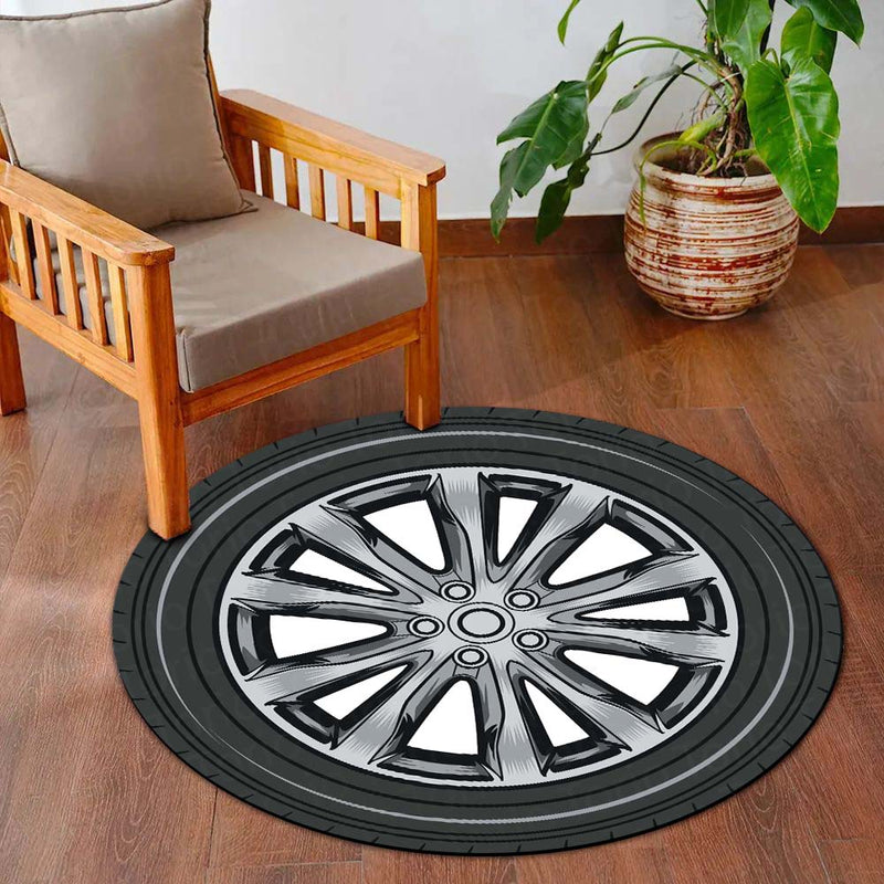 Car Tyre Inspired Round Floor Mat (3 mm Thick) | Alloy Wheel Design Automotive Decor Mat for Garage, Bedroom & Gaming Setup