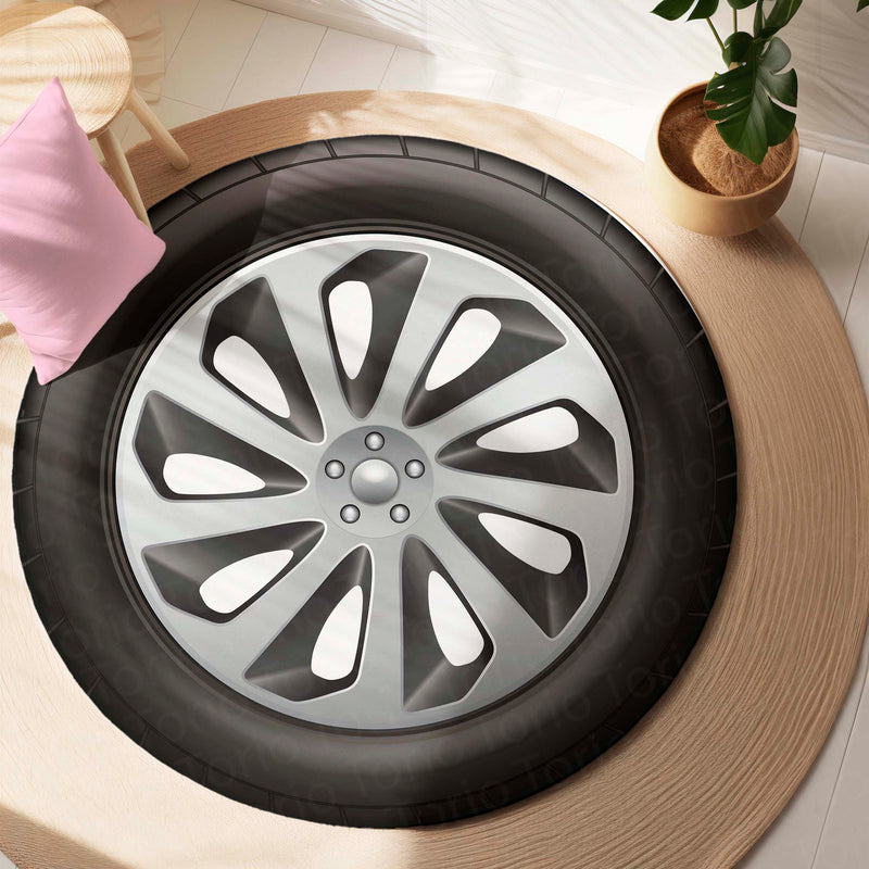 Car Tyre Inspired Round Floor Mat (3 mm Thick) | Alloy Wheel Design Automotive Decor Mat for Garage, Bedroom & Gaming Setup 01
