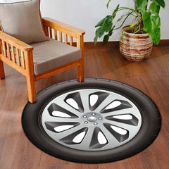 Car Tyre Inspired Round Floor Mat (3 mm Thick) | Alloy Wheel Design Automotive Decor Mat for Garage, Bedroom & Gaming Setup 01