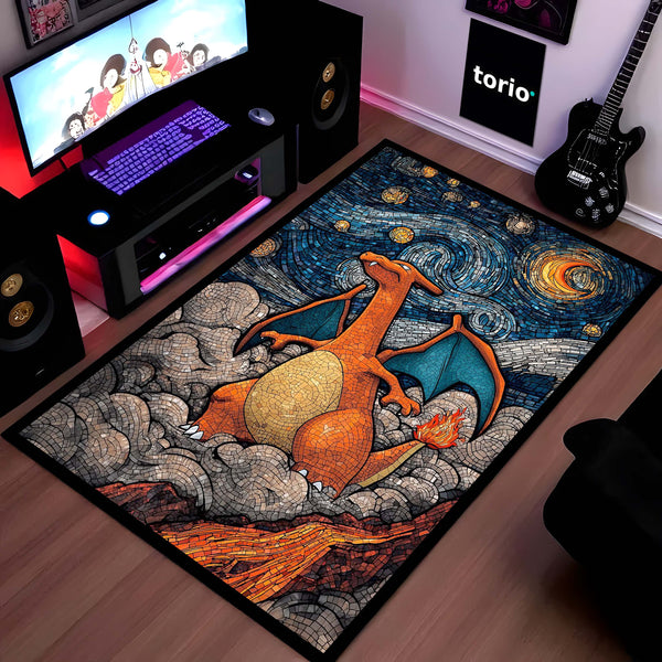 Charizard Mosaic Art Area Rug | Pokémon Inspired Dragon Floor Mat | Fantasy Creature Rug for Gaming Room, Bedroom & Anime Decor