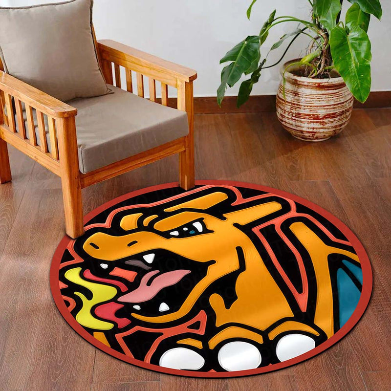 Charizard Pokémon Round Rug | Fiery Dragon Anime Circle Floor Mat | Anti-Slip 3 mm Absorbent Rug for Bedroom, Gaming Room & Pokémon Decor