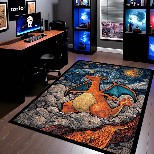 Charizard Mosaic Art Area Rug | Pokémon Inspired Dragon Floor Mat | Fantasy Creature Rug for Gaming Room, Bedroom & Anime Decor