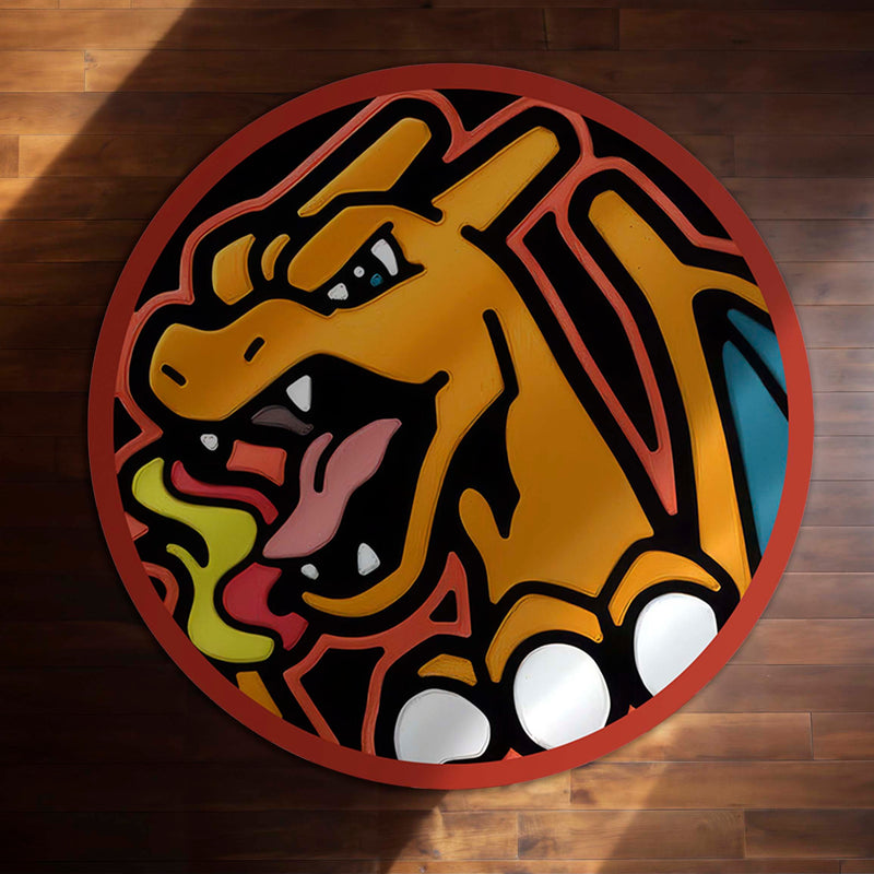 Charizard Pokémon Round Rug | Fiery Dragon Anime Circle Floor Mat | Anti-Slip 3 mm Absorbent Rug for Bedroom, Gaming Room & Pokémon Decor