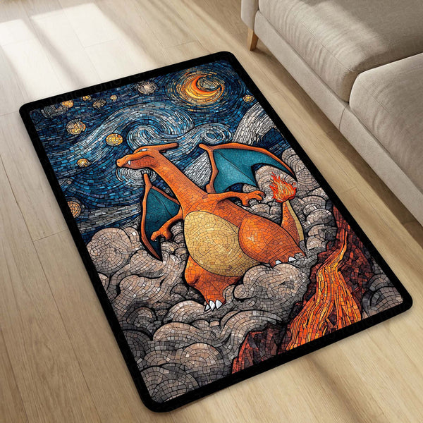 Charizard Mosaic Art Area Rug | Pokémon Inspired Dragon Floor Mat | Fantasy Creature Rug for Gaming Room, Bedroom & Anime Decor
