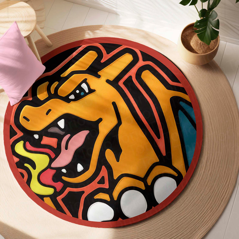 Charizard Pokémon Round Rug | Fiery Dragon Anime Circle Floor Mat | Anti-Slip 3 mm Absorbent Rug for Bedroom, Gaming Room & Pokémon Decor