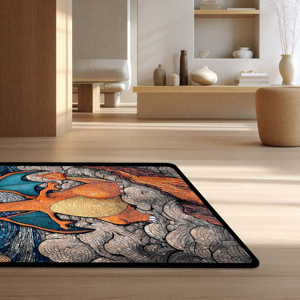 Charizard Mosaic Art Area Rug | Pokémon Inspired Dragon Floor Mat | Fantasy Creature Rug for Gaming Room, Bedroom & Anime Decor