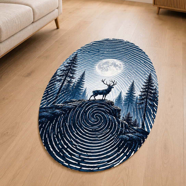 Moonlit Deer Fingerprint Shape Flat Rug | Forest Wildlife Oval Area Rug | Nature-Inspired Fingerprint Landscape Floor Rug