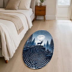 Moonlit Deer Fingerprint Shape Flat Rug | Forest Wildlife Oval Area Rug | Nature-Inspired Fingerprint Landscape Floor Rug