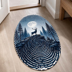 Moonlit Deer Fingerprint Shape Flat Rug | Forest Wildlife Oval Area Rug | Nature-Inspired Fingerprint Landscape Floor Rug