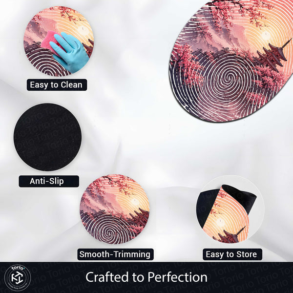 Japanese Cherry Blossom Fingerprint Shape Flat Rug | Sakura Pagoda Oval Area Rug | Zen Landscape Fingerprint Floor Rug