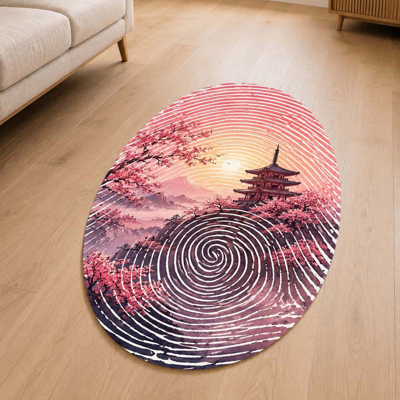 Japanese Cherry Blossom Fingerprint Shape Flat Rug | Sakura Pagoda Oval Area Rug | Zen Landscape Fingerprint Floor Rug