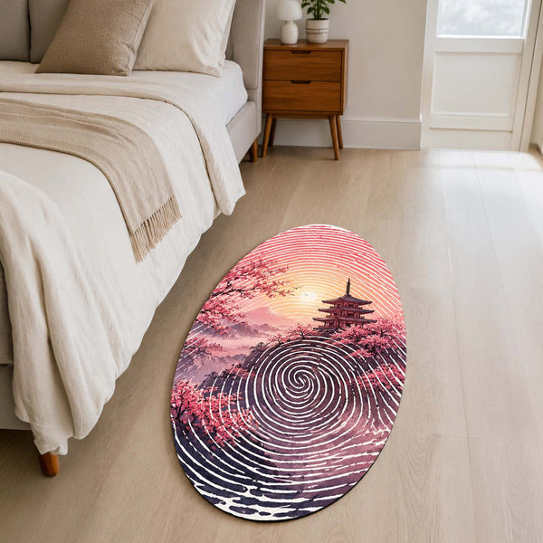 Japanese Cherry Blossom Fingerprint Shape Flat Rug | Sakura Pagoda Oval Area Rug | Zen Landscape Fingerprint Floor Rug
