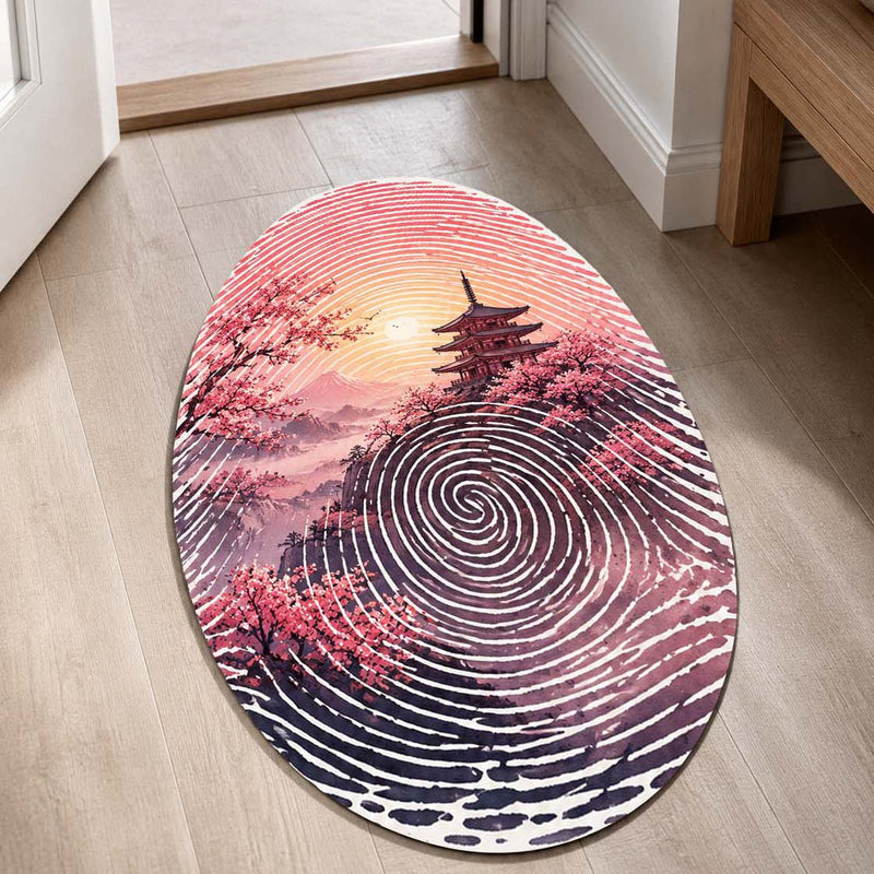 Japanese Cherry Blossom Fingerprint Shape Flat Rug | Sakura Pagoda Oval Area Rug | Zen Landscape Fingerprint Floor Rug