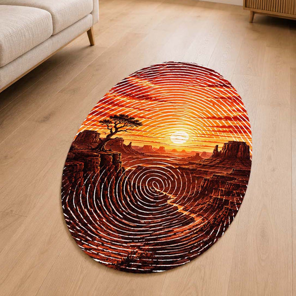 Desert Canyon Sunset Fingerprint Shape Flat Rug | Southwestern Landscape Oval Area Rug | Fingerprint Desert Art Floor Rug