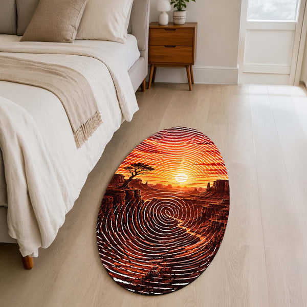 Desert Canyon Sunset Fingerprint Shape Flat Rug | Southwestern Landscape Oval Area Rug | Fingerprint Desert Art Floor Rug