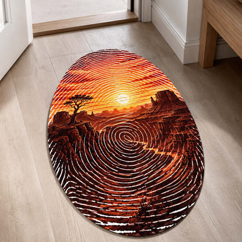 Desert Canyon Sunset Fingerprint Shape Flat Rug | Southwestern Landscape Oval Area Rug | Fingerprint Desert Art Floor Rug