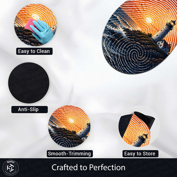 Coastal Lighthouse Fingerprint Shape Flat Rug | Ocean Sunset Oval Area Rug | Fingerprint Seascape Floor Rug for Modern Home Décor
