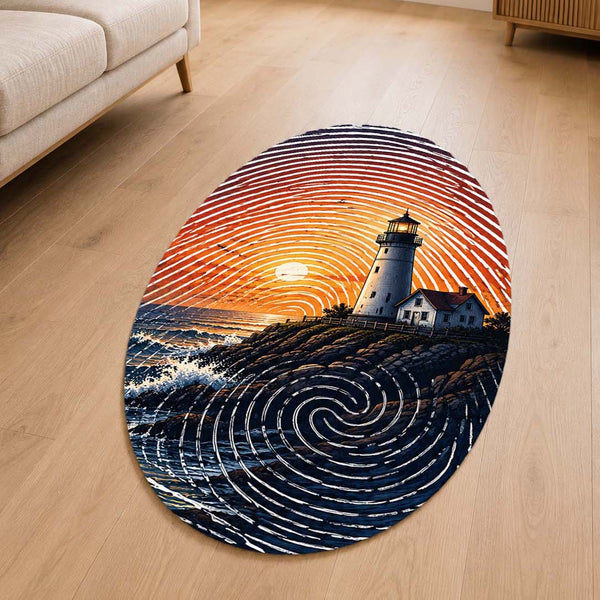 Coastal Lighthouse Fingerprint Shape Flat Rug | Ocean Sunset Oval Area Rug | Fingerprint Seascape Floor Rug for Modern Home Décor