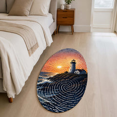 Coastal Lighthouse Fingerprint Shape Flat Rug | Ocean Sunset Oval Area Rug | Fingerprint Seascape Floor Rug for Modern Home Décor