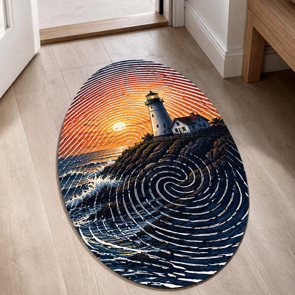Coastal Lighthouse Fingerprint Shape Flat Rug | Ocean Sunset Oval Area Rug | Fingerprint Seascape Floor Rug for Modern Home Décor