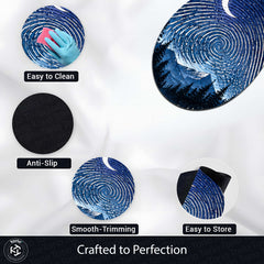 Moonlit Mountain Fingerprint Shape Flat Rug | Night Sky Oval Area Rug | Celestial Fingerprint Landscape Floor Rug