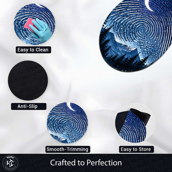 Moonlit Mountain Fingerprint Shape Flat Rug | Night Sky Oval Area Rug | Celestial Fingerprint Landscape Floor Rug