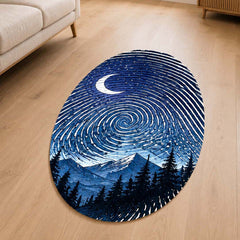Moonlit Mountain Fingerprint Shape Flat Rug | Night Sky Oval Area Rug | Celestial Fingerprint Landscape Floor Rug
