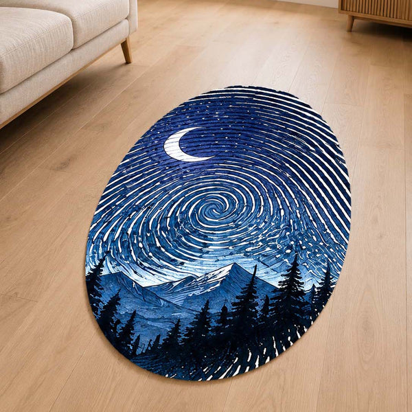 Moonlit Mountain Fingerprint Shape Flat Rug | Night Sky Oval Area Rug | Celestial Fingerprint Landscape Floor Rug