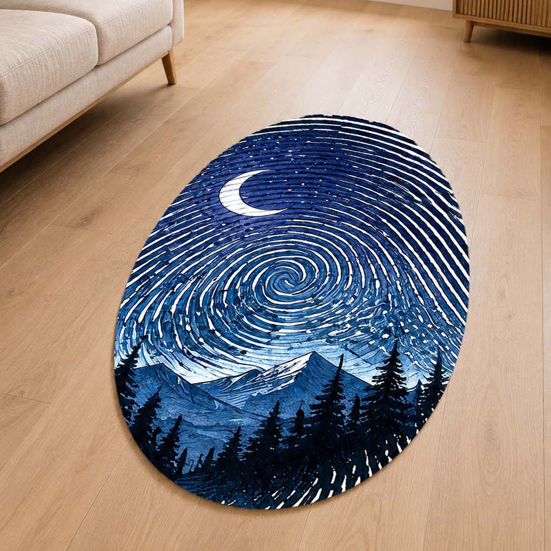 Moonlit Mountain Fingerprint Shape Flat Rug | Night Sky Oval Area Rug | Celestial Fingerprint Landscape Floor Rug
