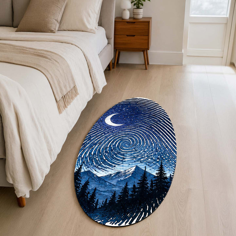 Moonlit Mountain Fingerprint Shape Flat Rug | Night Sky Oval Area Rug | Celestial Fingerprint Landscape Floor Rug